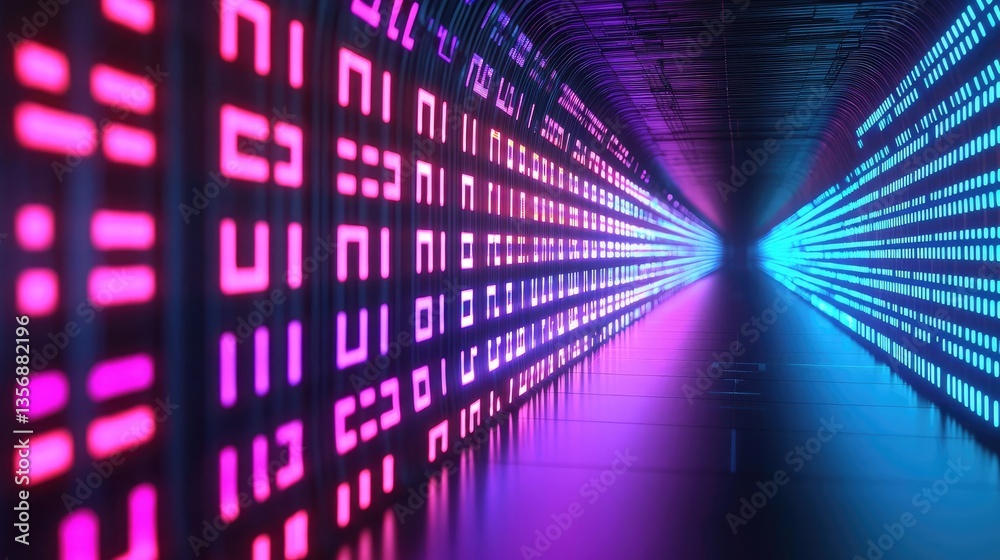 Poster Binary code background with abstract database and light technology concept. A vibrant digital tunnel with colorful light patterns.