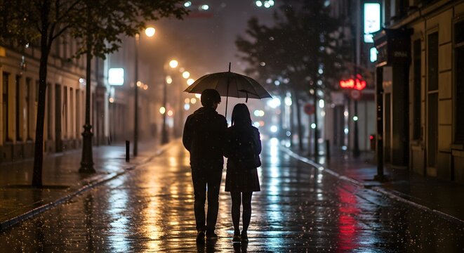 Romantic evening walk in rainy cityscape with couple under umbrella - Powered by Adobe