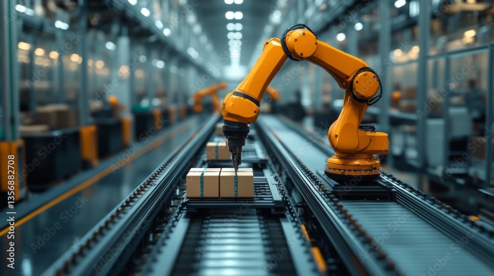 Poster A robotic arm is actively sorting boxes on a conveyor belt in a busy warehouse, showcasing innovative automation techniques in logistics and inventory management.