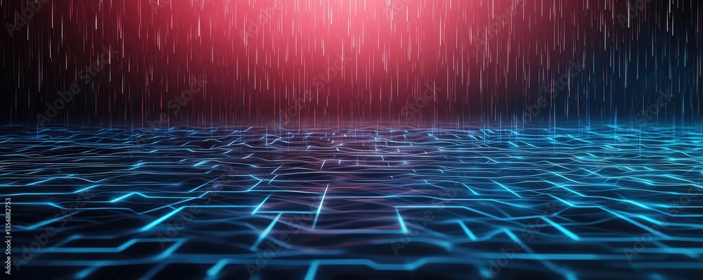 Poster Binary code background with abstract database and light technology concept. Futuristic digital landscape with neon light reflections and rain.