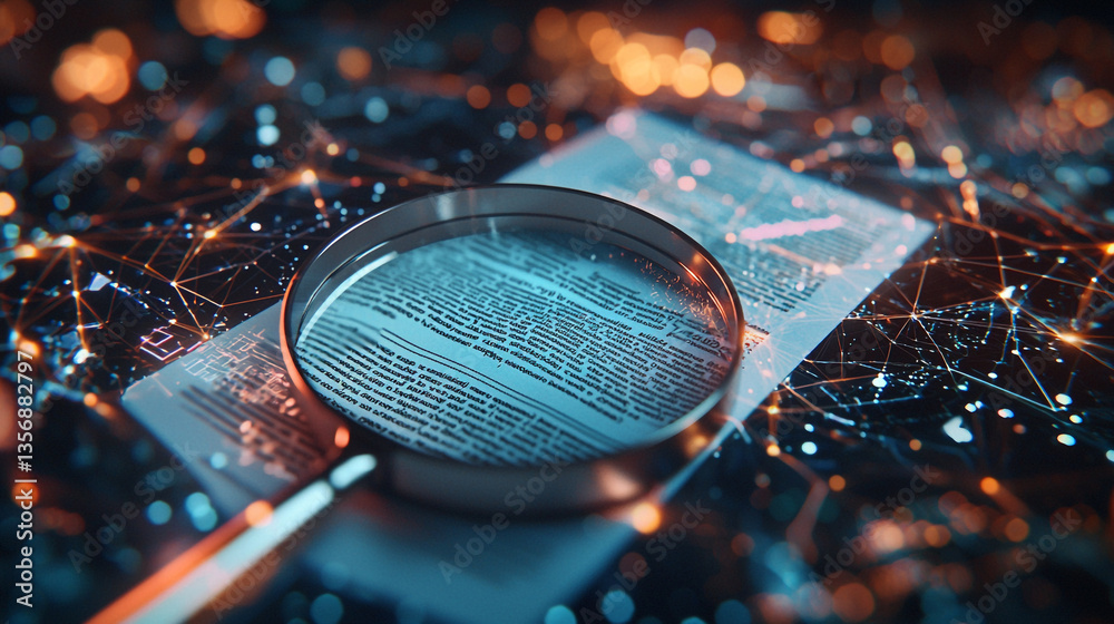 Wall mural magnifying glass focusing on document with digital network overlay in a futuristic setting