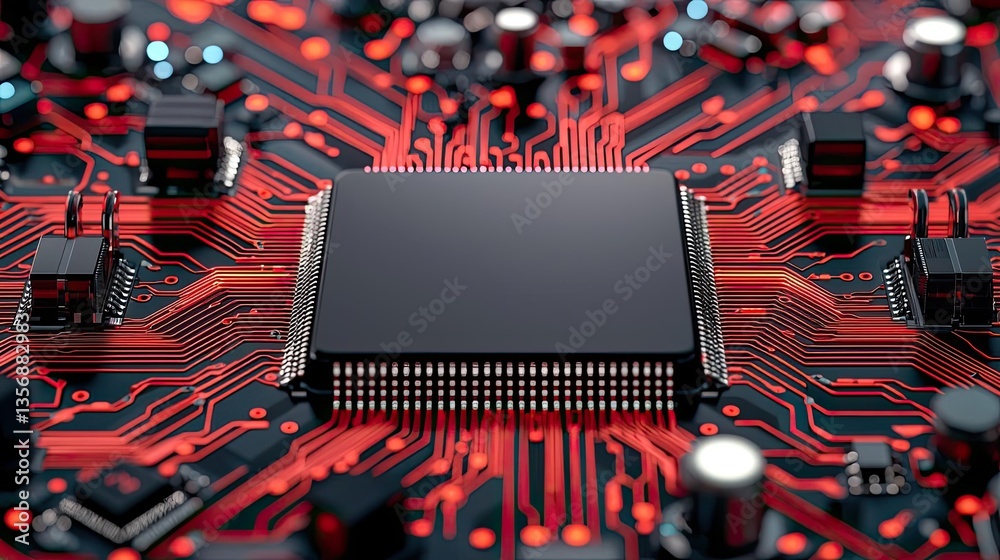 Poster Binary code background with abstract database and light technology concept. Close-up of a circuit board with a microchip and red connections.