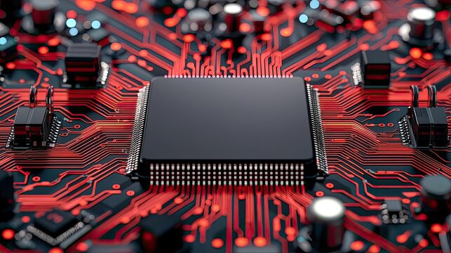 Binary code background with abstract database and light technology concept. Close-up of a circuit board with a microchip and red connections.
