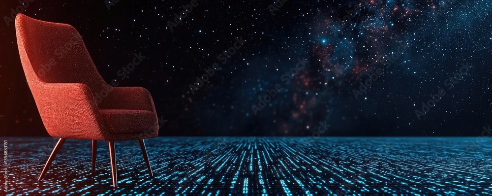 Poster Binary code background with scientific and database matrix concept. A modern chair in an abstract digital space with starry background.
