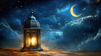 Ornate lantern illuminates desert night sky with crescent moon