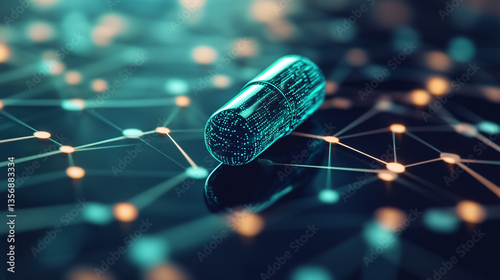 Poster a futuristic capsule with circuit design on a dark surface with connecting lines and glowing points