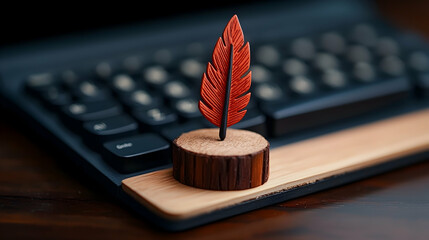 Red Miniature Leaf on Wooden Base near Keyboard