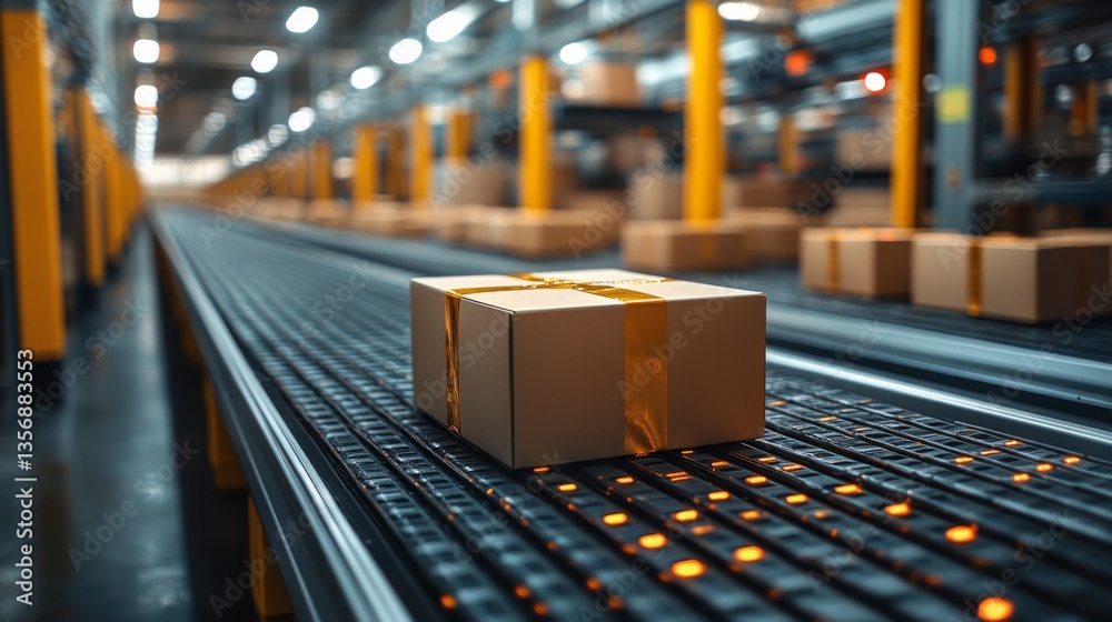 Poster Workers sort packages efficiently on a conveyor belt within a large warehouse logistics hub, focusing on inventory management and fulfillment to ensure timely distribution.