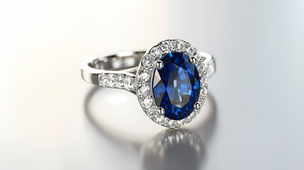 Sparkling Gemstone Ring: An exquisite close-up showcases a dazzling gemstone ring, its radiant sapphire centerpiece surrounded by a halo of shimmering diamonds, symbolizing elegance, love.