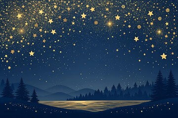 Naklejka premium Magical night landscape with golden stars, glowing lake, and forest under a starlit sky 