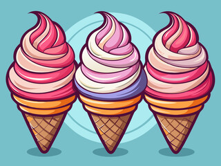 vector of  Three pink and white swirled ice cream cones isolated on a transparent background