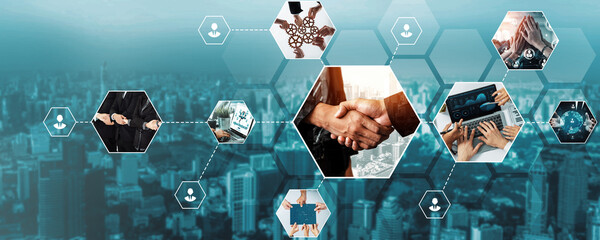 Teamwork and human resources HR management technology concept in corporate business with people...