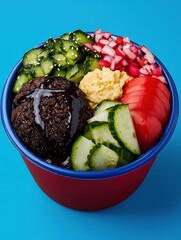 Vibrant Falafel Bowl with Glazed Falafel Patty, Creamy Hummus, Fresh Cucumbers, and Colorful Healthy Ingredients Layout