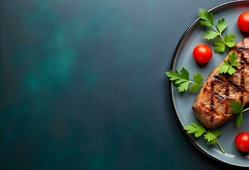 Perfectly Cooked Steak with Fresh Garnishes on Dark Marble Surface