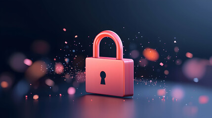 Red Pixel Lock 3D Render on Dark Background with Glowing Particles