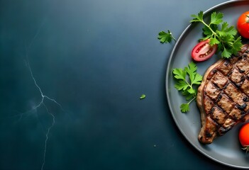 Perfectly Cooked Steak with Fresh Garnishes on Dark Marble Surface