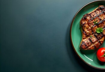 Perfectly Cooked Steak with Fresh Garnishes on Dark Marble Surface