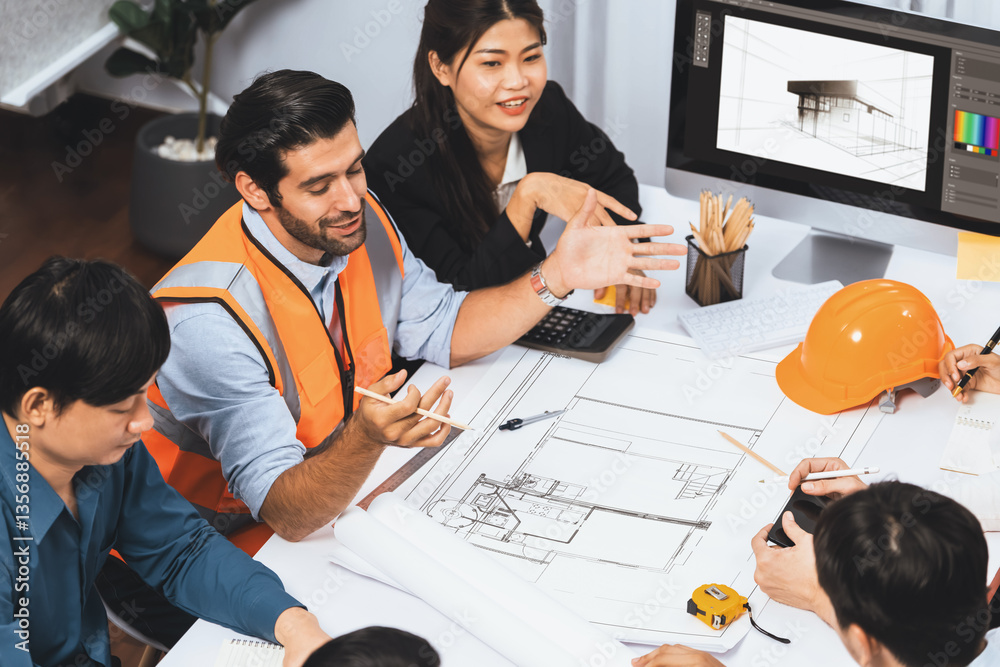 Poster Diverse group of civil engineer and client working together on architectural project, reviewing construction plan and building blueprint at meeting table. Prudent