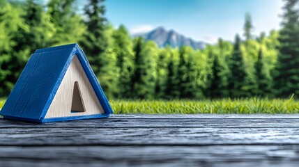 Charming blue house set on a wooden table surrounded by outdoor camping essentials in a realistic photo background