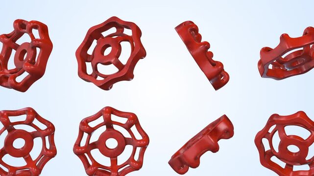 Valve Handwheels Falling on a Light Blue Background. Metal Valve Handle 3D. 4K