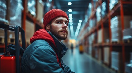 Obraz premium A warehouse worker takes a moment to rest while surrounded by inventory storage. Shelves stocked with cargo create a busy backdrop of logistics operations.