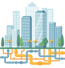 Underground pipelines. City engineering network. Gas pipes, water supply, sewerage, electrical networks. Vector  illustration