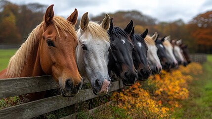 Obraz premium A lineup of horses nuzzling each other gently, their heads leaned together in harmony, framed by a vibrant meadow and a wooden fence in the background. 