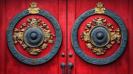 Fototapeta premium Ornate red temple doors with gold and dark blue accents