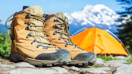 Hiking Boots and Tent in Mountain Landscape