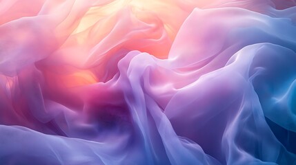 Obraz premium A mesmerizing cascade of pastel tulle fabric, sheer and weightless, soft pink, lavender, and sky blue hues blending seamlessly, gentle movement, cinematic lighting, high-definition textures.