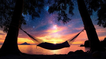 Starry night hammock sunset beach scene