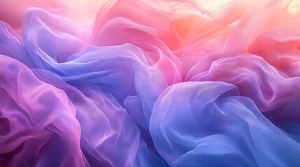 Obraz premium A mesmerizing cascade of pastel tulle fabric, sheer and weightless, soft pink, lavender, and sky blue hues blending seamlessly, gentle movement, cinematic lighting, high-definition textures.