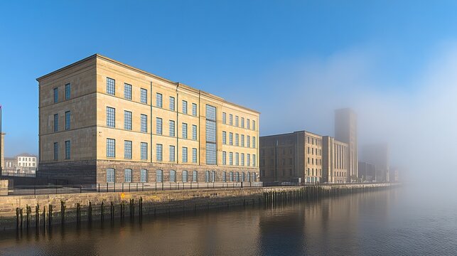 Riverfront industrial building, morning mist, city skyline