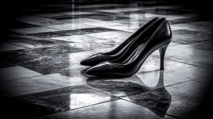 Elegant Black High Heels on a Marble Floor