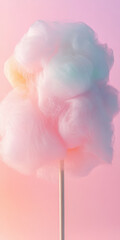 Fluffy pink cotton candy stick against soft pastel background in gentle light