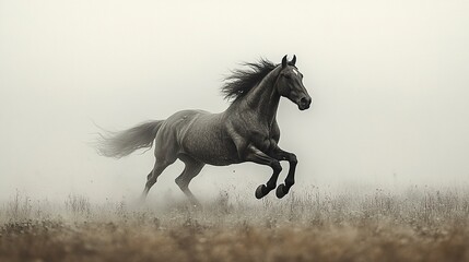 A majestic horse running in a foggy field, its body sharply detailed against the hazy background, the monochrome palette enhancing the drama of the scene.  