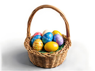 Naklejka premium A beautifully arranged wicker basket filled with colorful Easter eggs, decorated with intricate patterns, placed on a clean white background. 