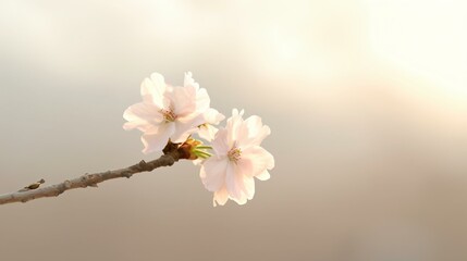 A lone cherry blossom branch adorned with delicate pink flowers, softly illuminated by golden sunset light in a peaceful spring setting.