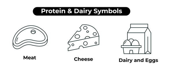 Protein & Dairy Symbols. Meat, Dairy and Eggs, Cheese. Food Nutrition.