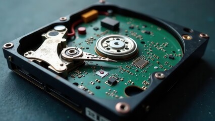 Obraz premium Close-up view of a disassembled hard drive revealing intricate internal components and circuit board details