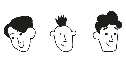 Doodle set of people faces. Various men with different facial expression. Cartoon isolated vector illustration.