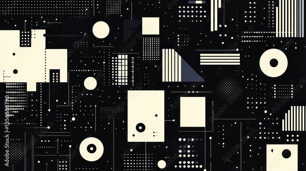 Poster abstract geometric artwork displaying a complex interplay of shapes lines and dots in a minimalist m