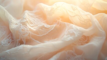 Fototapeta premium Close-up of pastel lace fabric drifting gently, delicate threads catching the light, soft flowing motion, high-definition details, warm and serene composition, cinematic lighting. --ar 16:9