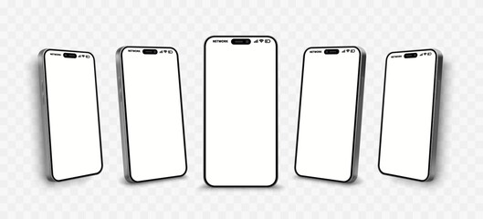 Smartphone mockup, set 3d phone, transparent background. Vector 