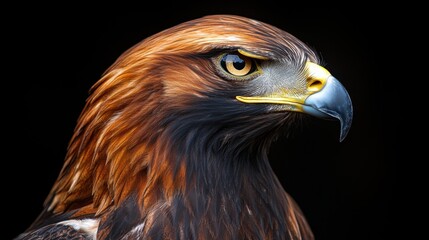 Naklejka premium Majestic Golden Eagle Portrait with Intense Gaze and Detailed Plumage Against a Dark Background in Studio Lighting