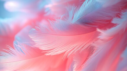 Obraz premium Close-up of pastel-hued feathers suspended in mid-air, gentle motion blur, soft lighting, hyperrealistic details, ethereal and calming ambiance, high-definition photography. --ar 16:9