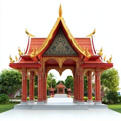 Obraz premium Songkran Festival Celebrations at Thai Temple Gates Vibrant Festivities Captivating Architecture Lush Greenery Scenic View
