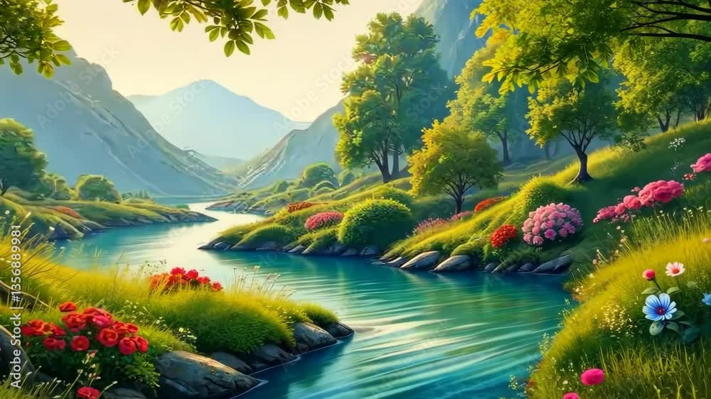 Poster a river with a green forest on either side. the river is surrounded by rocks and has a lot of flower