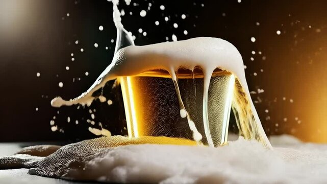 Explosi&oacute;n de espuma en un vaso de cerveza dorada sobre fondo oscuro