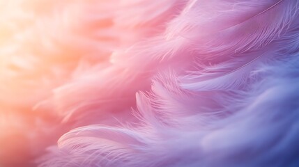 Obraz premium Floating pastel feathers resembling weightless clouds, soft-focus background, gentle light illuminating the delicate fibers, hyperrealistic photography, dreamy and serene feel. --ar 16:9